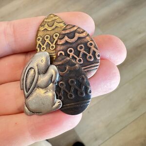 Vintage Easter Brooch Pin Easter Bunny with Eggs  Brass Copper and Pewter Tones
